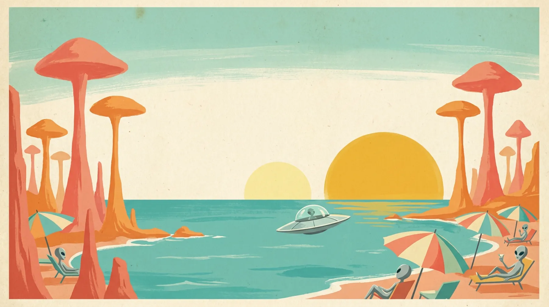 Vintage travel poster: two suns, one gold and one pale, set over a turquoise sea between tall coral mushroom-shaped spires; a silver saucer glides by and gray visitors with large dark eyes lounge under striped umbrellas.