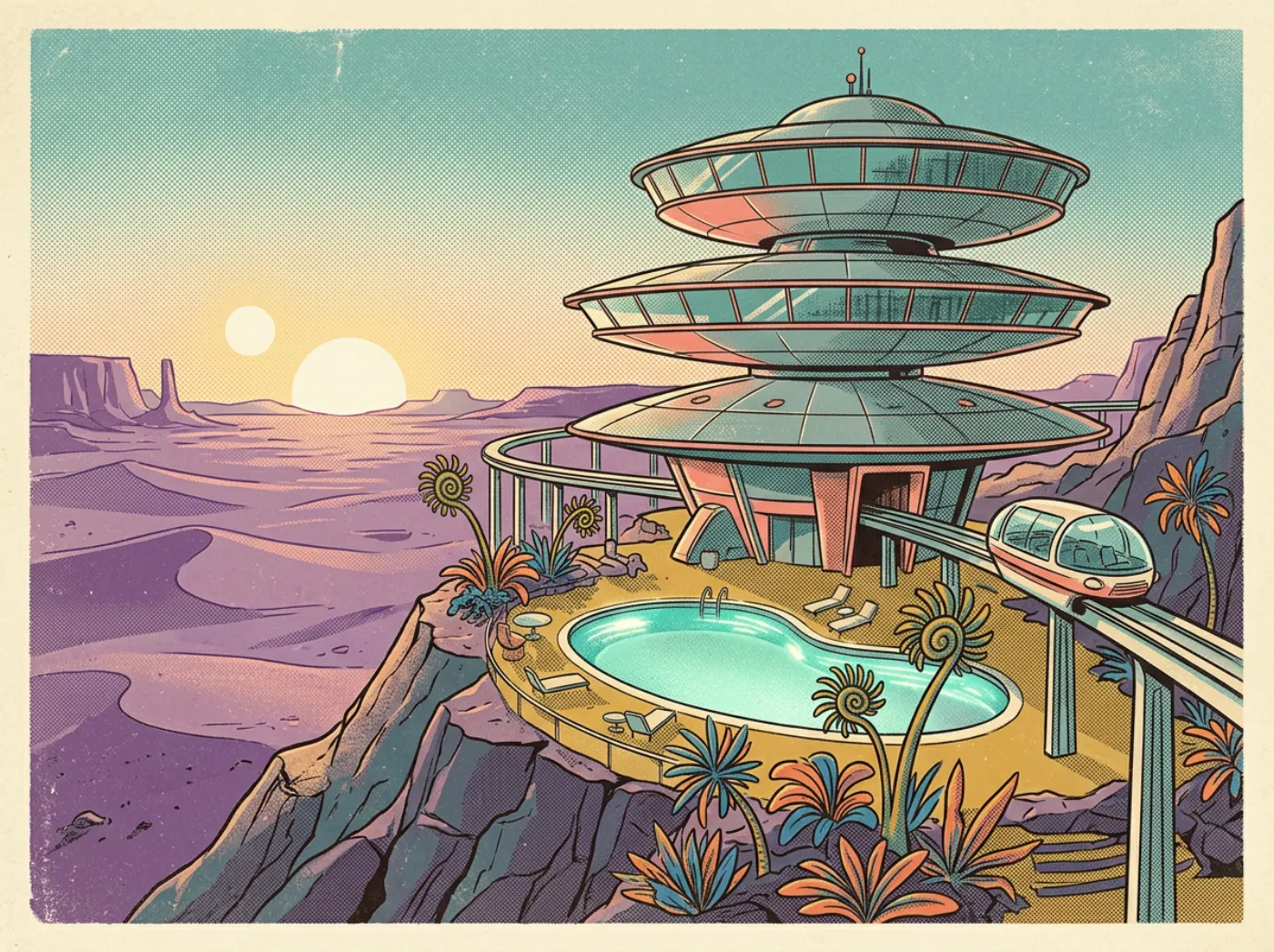 Retro postcard of a hotel shaped like three stacked flying saucers on a cliff above a violet desert, with a kidney-shaped pool, a monorail and two suns on the horizon.