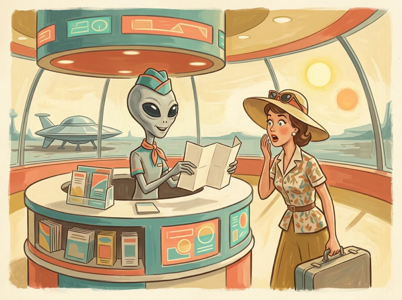 Retro illustration of a gray alien attendant in a little tourism cap and neck scarf at a round information kiosk, holding out a blank folded map to a startled human tourist in a sun hat with a suitcase; a parked saucer and two suns outside the window.